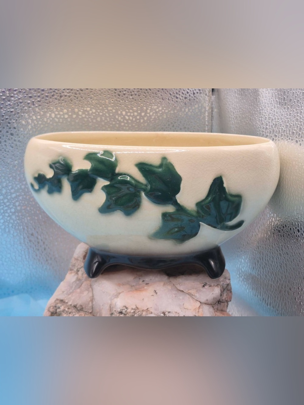 Vintage MCM 1950's Royal Copley Planter Vase Footed Oval Green Ivy on Cream 7”